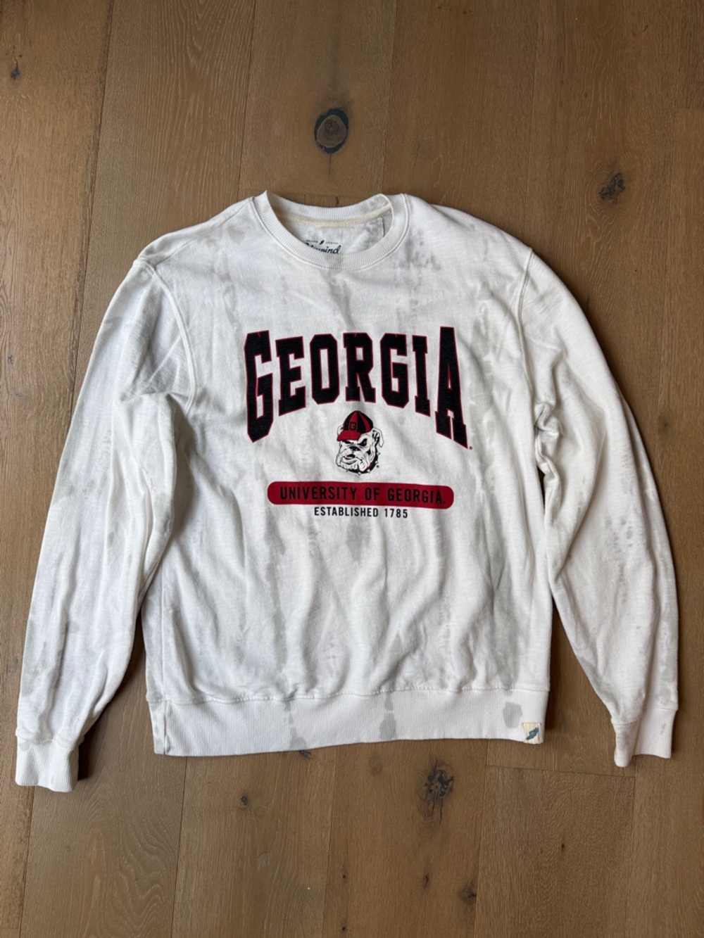 League White Crewneck Sweatshirt with Red and Black Collegiate Print